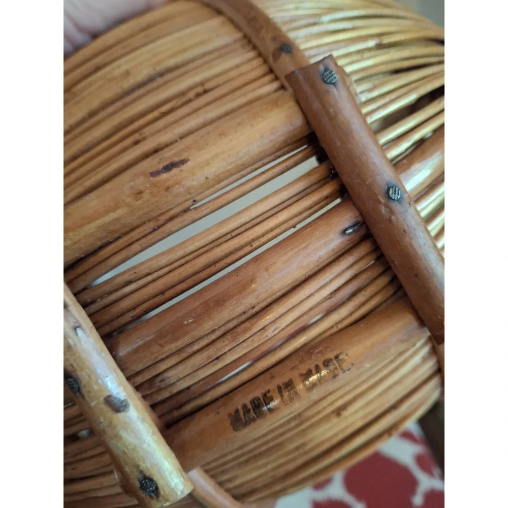 Vintage MCM Handmade Bamboo and Rattan Boat Shaped Fruit Basket With Handle
